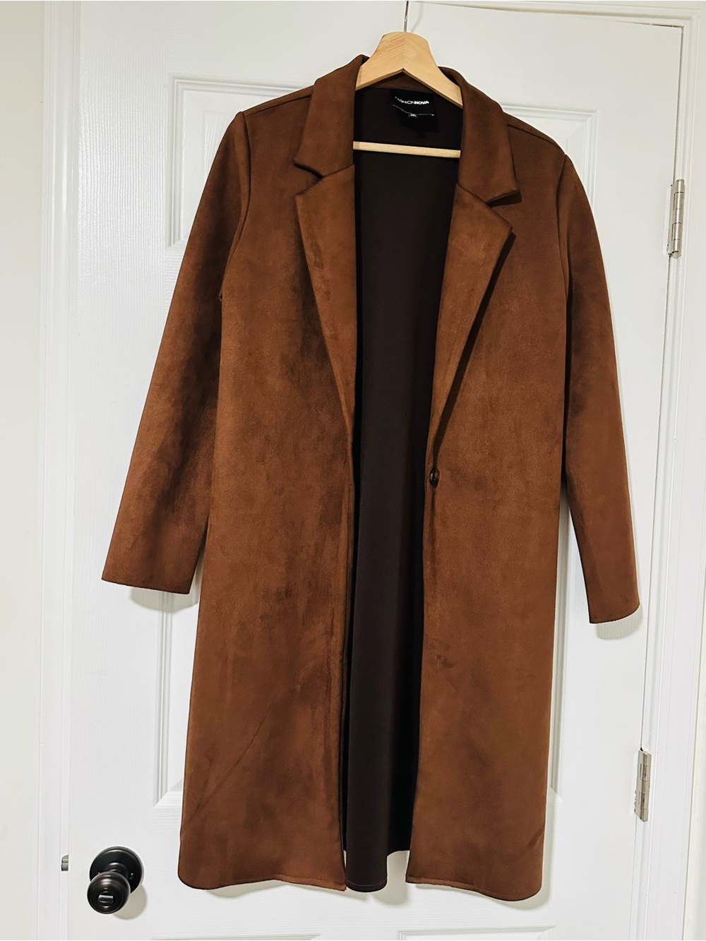 Long Brown Suede-Look Open Front Coat